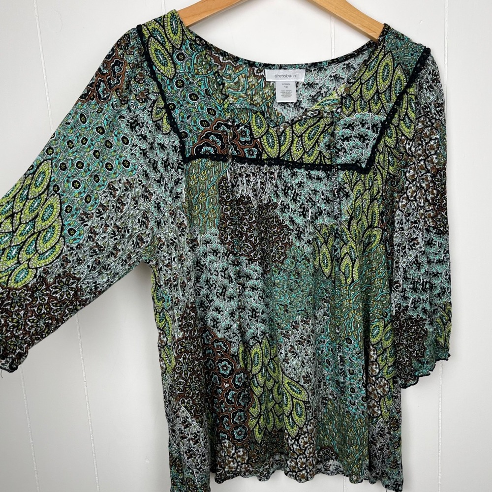 Vintage Womens Dressbarn Peasant Top 1X Bohemian Paisley Tunic Green Y2K Artsy